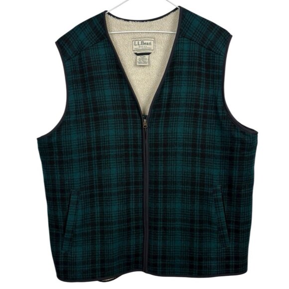 L. L. LL Bean Plaid Wool Vest Mens XL Tall Green Full Zip Sherpa Hunting 296125 - Picture 1 of 7